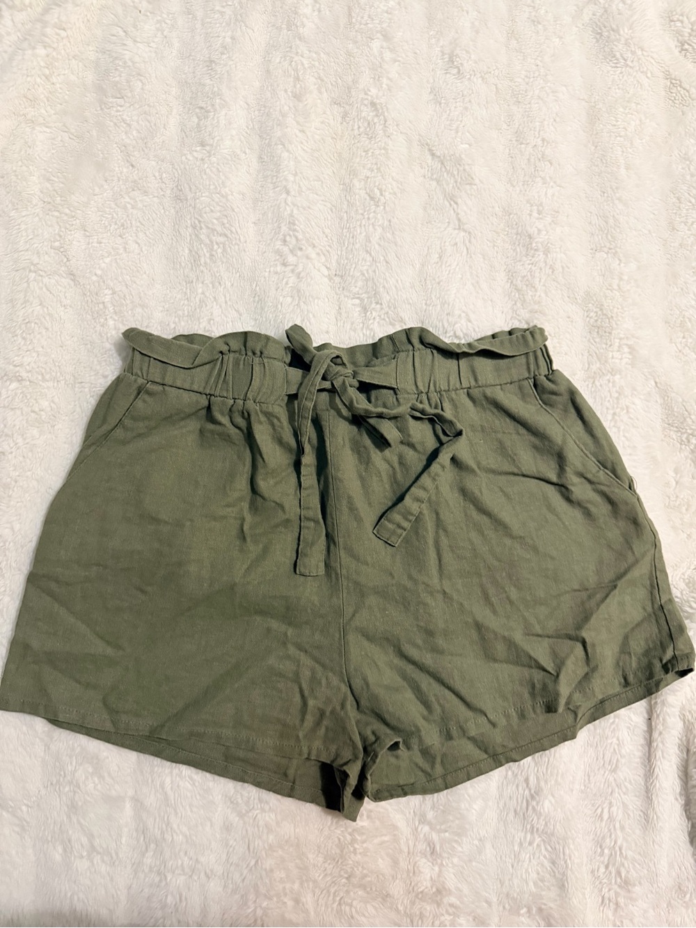 Papaya Olive Green High-Waist Paperbag Shorts with Drawstring